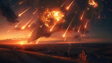 Wall Mural - an integrated combination of meteors streaking across the sky with several massive meteor strikes de