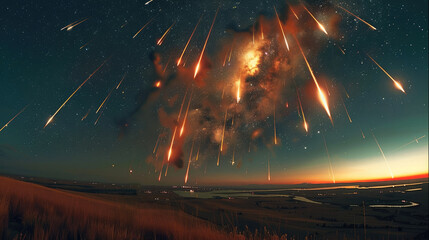 Wall Mural - an integrated combination of meteors streaking across the sky with several massive meteor strikes de