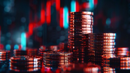 Wall Mural - Stacks of coins with red and blue stock market chart in the back