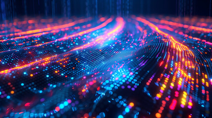 Colorful abstract data visualization blends into a binary code matrix on a neon blue background