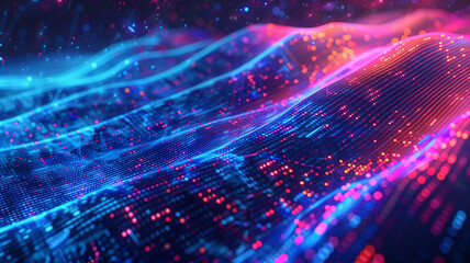 Colorful abstract data visualization blends into a binary code matrix on a neon blue background