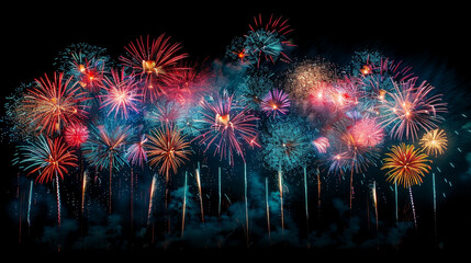 Fireworks show under defocus or blur concepts with isolated black background at night, this celebration