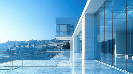 Aufkleber - Minimalist museum with clean lines and large glass windows, on a hill overlooking the city, under a bright sun, elegant and timeless. Generative AI.