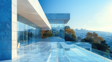 Aufkleber - Minimalist museum with clean lines and large glass windows, on a hill overlooking the city, under a bright sun, elegant and timeless. Generative AI.
