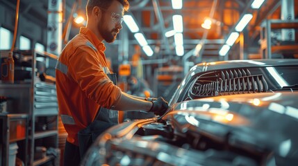Poster - An engineer picked up a car radiator and checking in a delicate workshop. Generative AI.