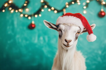 A goat in a Santa hat stands in front of a teal background decorated with Christmas lights. Whimsical winter scene with copy space