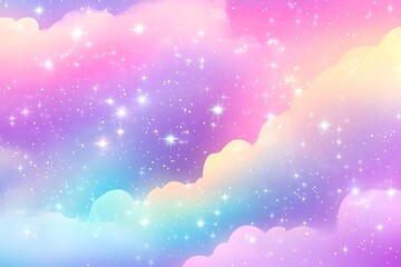 Sticker -  Dreamy background in pastel colors with glittering stars and colorful clouds