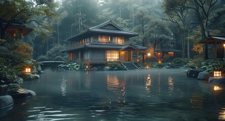 Wall Mural - Feudal Japan House, Dense Japan Forest, House on the front of a very small river. Generative AI.