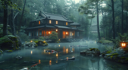 Wall Mural - Feudal Japan House, Dense Japan Forest, House on the front of a very small river. Generative AI.