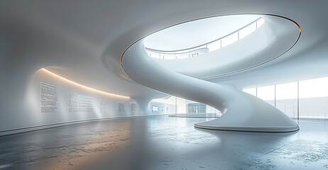 Leinwandbilder - A white curved exhibition hall, the left is the curved exhibition wall, above the graphic information, there is a semi-circular hollow shape in the middle. Generative AI.