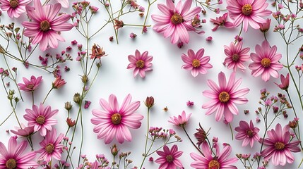 Wall Mural - Small pink daisies scattered throughout the image on a white background. Generative AI.