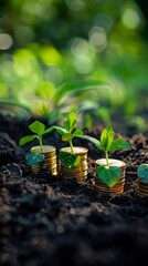 Wall Mural - Seedlings Growing From A Row Of Coins In Soil