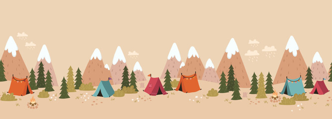 Wall Mural - cute hand drawn vector seamless pattern with camping doodles, tents, landscape and trails, great for
