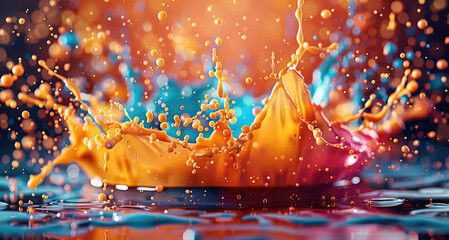 Poster - Energetic paint explosion with vibrant splashes and drops, forming a dynamic abstract background in 3D. Generative AI.