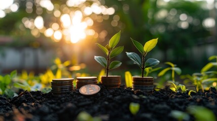 Two Saplings Growing from Stacks of Coins in the Sunlight