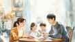 © Kunalai - A cozy watercolor scene of a family gathering around a table, counting savings and planning financial goals, with warm tones and soft edges