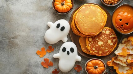 A Halloween breakfast spread with pumpkin pancakes and ghostshaped toast