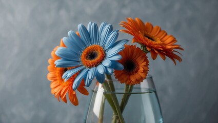 Vibrant bouquet of blue and orange flowers in a vase.