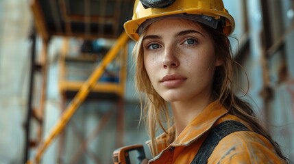 Aufkleber - Female builder with tools at work. Generative AI.