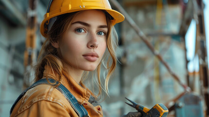 Aufkleber - Female builder with tools at work. Generative AI.