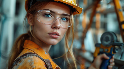 Aufkleber - Female builder with tools at work. Generative AI.