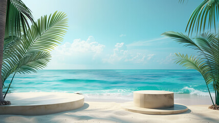 Tropical beach background with podium for product display, Summer concept with sea and palm leaves