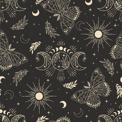 Wall Mural - Seamless vector pattern with plants, stars, butterflies, sun, crescent. Boho pattern for astrology, textiles, wrapping paper, design.