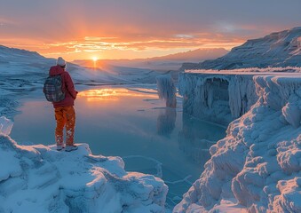 a person standing on a snowy cliff overlooking a body of water.

