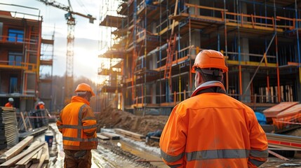 Aufkleber - Construction workers on-site, working diligently, The construction site in the background features a partially built structure with scaffolding, cranes, and piles of building materials. Generative AI.