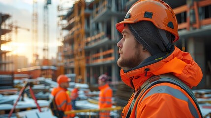 Aufkleber - Construction workers on-site, working diligently, The construction site in the background features a partially built structure with scaffolding, cranes, and piles of building materials. Generative AI.