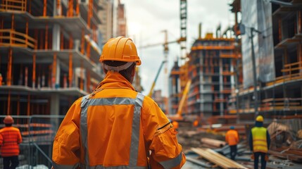 Aufkleber - Construction workers on-site, working diligently, The construction site in the background features a partially built structure with scaffolding, cranes, and piles of building materials. Generative AI.