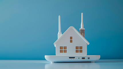 Wall Mural - A small white house figurine sits on top of a router, representing the concept of home internet connectivity. The blue background creates a clean and modern aesthetic.