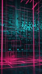 Wall Mural - Modern 4K wallpaper with neon pink and electric teal geometric patterns, high-resolution abstract design. High contrast