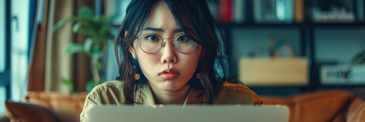 Young Asian woman IT professional looking skeptical while working on a laptop