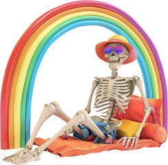 Wall Mural - A skeleton is laying on a beach under a rainbow. The skeleton is wearing sunglasses and a hat