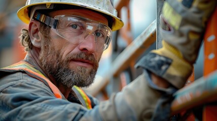 Aufkleber - A construction worker working on site. he is wearing a hard hat, safety glasses, reflective vest, and gloves. Generative AI.