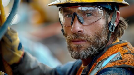 Aufkleber - A construction worker working on site. he is wearing a hard hat, safety glasses, reflective vest, and gloves. Generative AI.