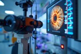 Close-up of an eye examination machine with a computer screen displaying a detailed image of a patients eye