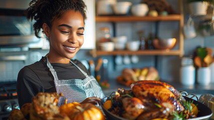 Wall Mural - Black woman cooking a big thanksgiving meal in the kitchen. Generative AI.