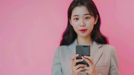 Wall Mural - Young Woman in a Grey Blazer Using a Smartphone Against a Pink Background