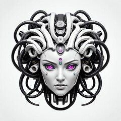 Wall Mural - cyberpunk robotic medusa head 3d art logo in plain white background design digital artwork 159