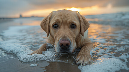 Wall Mural - golden retriever on the beach