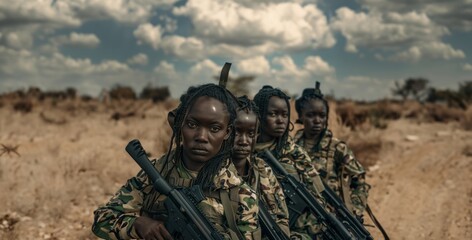 Group of African female soldiers in military uniforms with weapons in the outdoors.Generated image