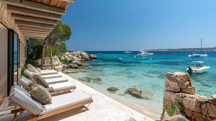 Lounge chairs on a beautiful beachside terrace with views of calmly anchored boats and the blue sea