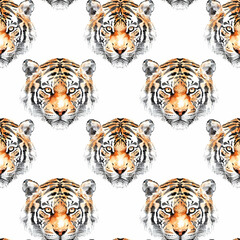 Wall Mural - Watercolor seamless pattern with tiger faces on white background.