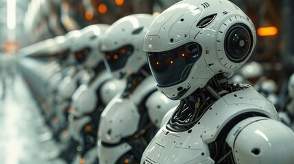 Sticker - A Line of White Robots in a Futuristic Factory