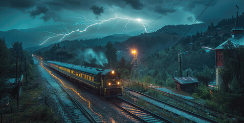 Wall Mural - A train with lightning rods hit by lightning strikes on mountain, heavy rain, aerial view. Generative AI.