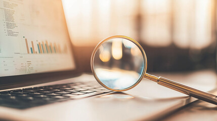 Wall Mural - closeup of magnifying glass on notebook device - focusing on website traffic data, graphs, and analy