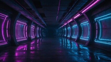 Poster - Modern cyber tunnel with neon lasers, purple and blue glow, grunge concrete stage