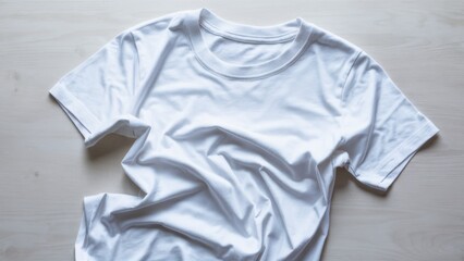 Poster - A crumpled white t-shirt laying on a wooden table with no other objects, AI